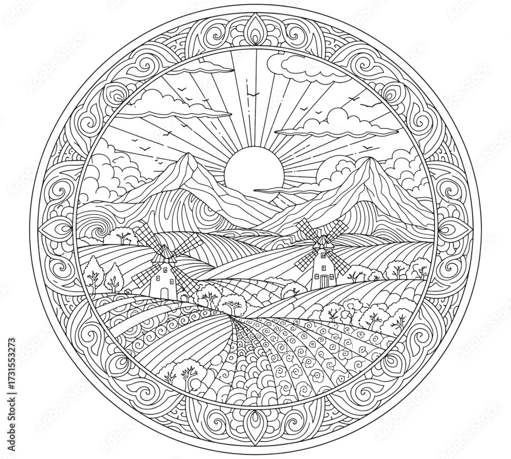 Naklejka premium Sunrise Over the Mountains Mandala