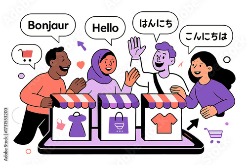 Global Digital Marketplace. Digital marketplace. Multiple storefronts emerging from a smartphone screen.