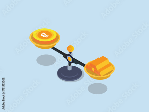 Cryptocurrency value and gold comparison with a balance scale weighing a Bitcoin coin and gold bars 3d isometric vector illustration