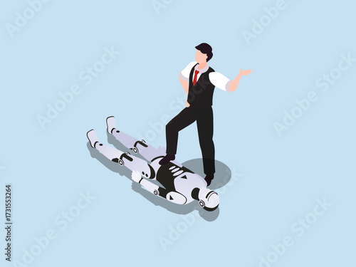 Human superiority over AI and technology with a businessman standing victoriously on top of a defeated robot 3d isometric vector illustration