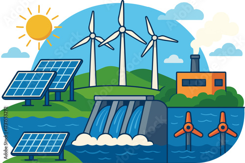 vector image of alternative energy sources (wind farms, solar power plants, hydroelectric power plants)