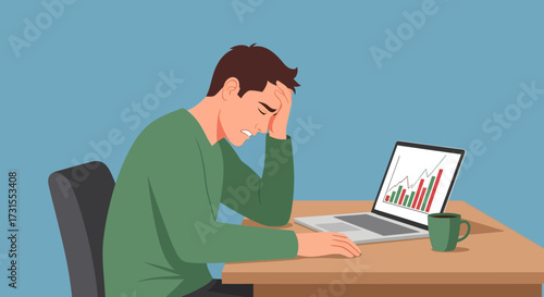 Frustrated investor watching stock market decline on laptop feeling stressed and anxious due to