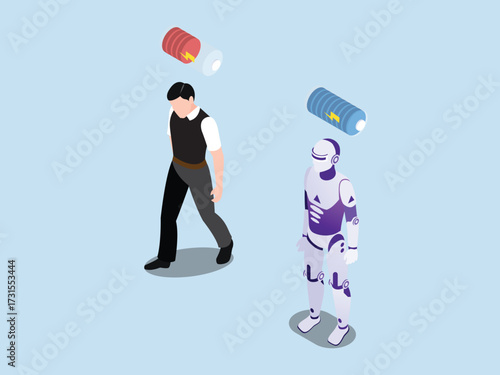Burnout and fatigue from overwork with a tired businessman next to a fully charged robot 3d isometric vector illustration