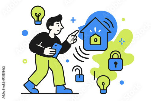Controlling Smart Home. Smart home devices. Person controlling glowing house icons from a smartphone, floating