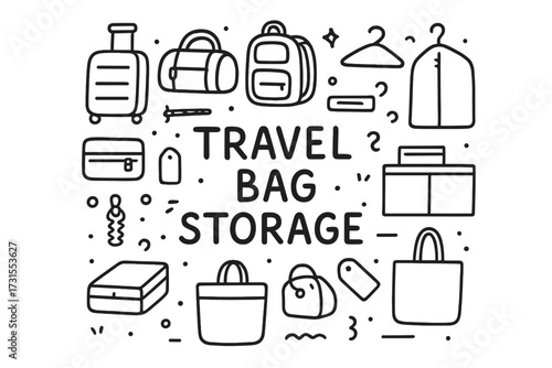 Travel Bag Essentials. Travel bag storage. Hand-drawn doodle illustration of Travel bag storage. Suitcase,