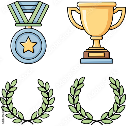 Collection of vector graphics representing awards, trophies, medals, and wreaths for recognition and achievement