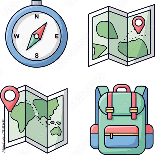 Comprehensive Vector Set of Travel and Adventure Essentials Compass, Maps, and Backpack for Global Exploration and Navigation