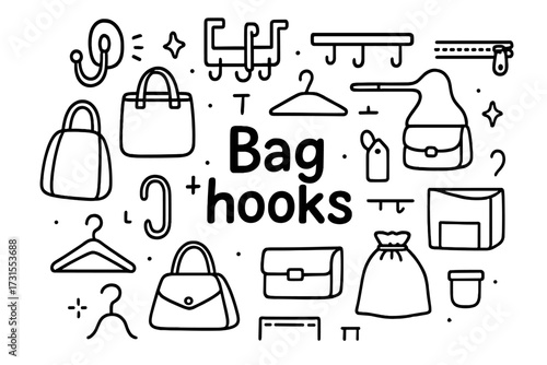 Bag Hooks Doodle. Bag hooks. Hand-drawn doodle illustration of Bag hooks. Wall hooks, over-the-door hooks,