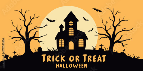 Spooky haunted house silhouette with bats and bare trees under a large moon creates a classic Halloween scene perfect for festive celebrations and promotions