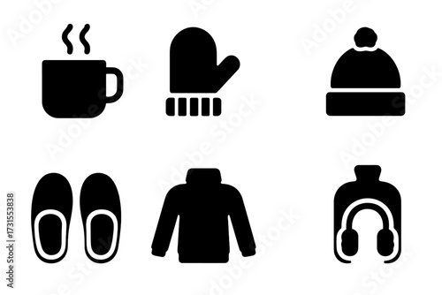 Cozy Winter Icons. Warm Accessories. Filled icon set of Warm Accessories: hot cocoa mug, knitted mitten, scarf