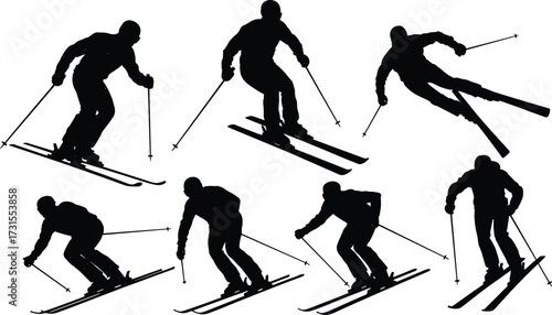 Skiing silhouettes, winter sport action, dynamic skier poses, downhill motion, alpine speed, black figures, snow activity, athletic movement, outdoor adventure