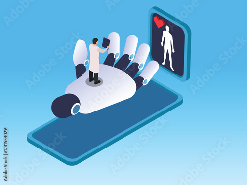 Remote patient diagnosis or telemedicine with a doctor on a robotic hand and a patient's medical data on a tablet 3d isometric vector illustration