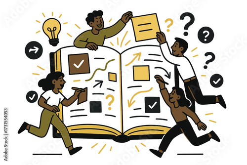 Dynamic Knowledge Exchange. Crowdsourced knowledge. A giant glowing book with characters adding colorful notes