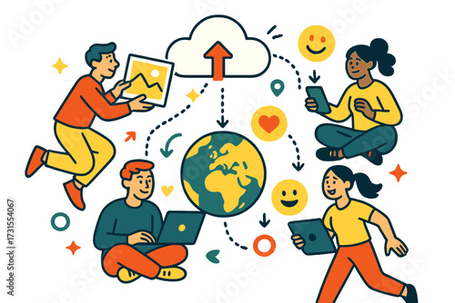 Global Image Sharing. Content sharing. A character uploading an image into the cloud, while others around the