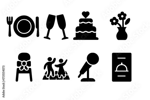Wedding Icons Grid. Wedding Reception. Filled icon set of Wedding Reception: dinner plate, champagne glasses,