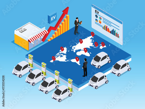  Global Electric Vehicle (EV) Market Growth and Charging Infrastructure 3d isometric vector illustration