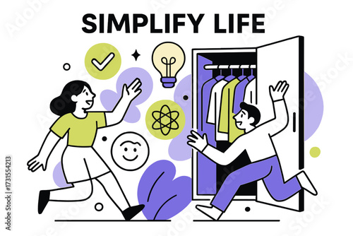 Simplify Life Icons. Home organization and decluttering tips. Abstract wardrobe opening with perfectly aligned