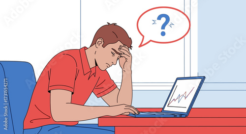 Frustrated man looking at financial data on his laptop with question marks above his head