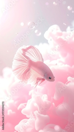 Pale pink betta fish gracefully swims amidst soft, pastel pink clouds of dye in a dreamy, ethereal underwater scene
