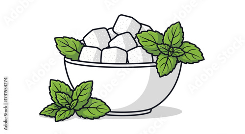 Illustration of bowl filled with sugar cubes and garnished with fresh green mint leaves
