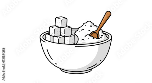 Illustration of a bowl filled with sugar cubes and granulated sugar featuring a spoon, a simple