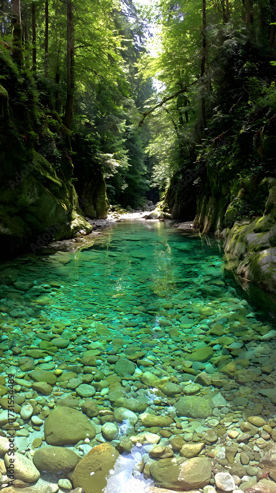 Naklejka premium flowing over smooth stones surrounded by natural vegetation creating a peaceful and soothing environment