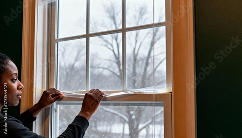 Black woman sealing drafty window with tape in calm indoor setting during winter season
