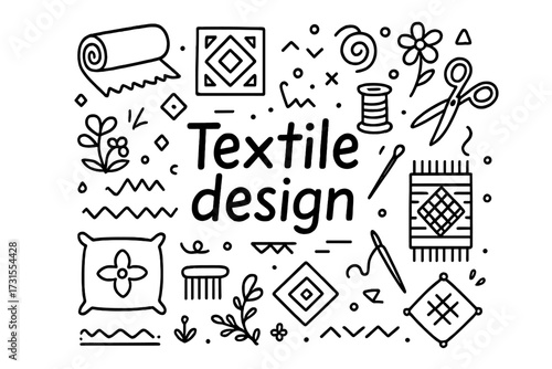 Textile Design Icons. Textile design. Hand-drawn doodle illustration of Textile design. Fabric roll, pattern