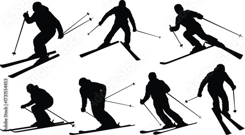 Skiing silhouettes, winter sport, dynamic motion, downhill skiing, ski jump, alpine action, black figures, snow activity, athletic pose, outdoor adventure