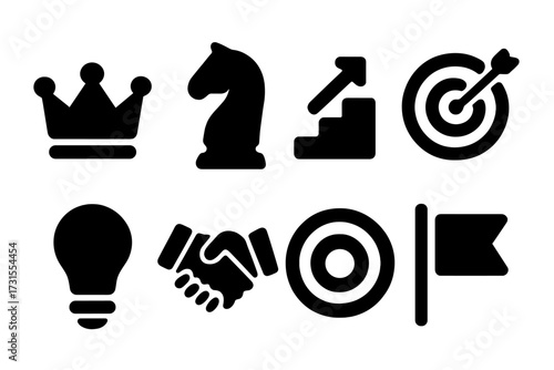 Leadership Icons Grid. Leadership Milestones. Filled icon set of Leadership Milestones: crown, chess knight,