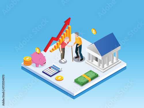 Financial Planning and Investment for Senior Retirement 3d isometric vector illustration