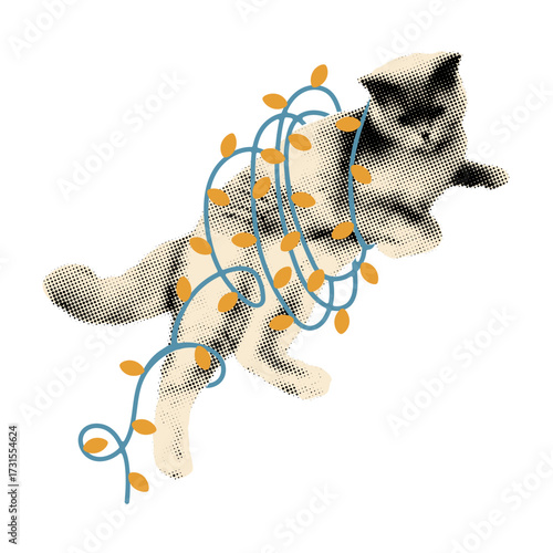 Art collage of playful halftone cat tangled in festive Christmas lights. Funny cut out kitty wrapped in Xmas holiday garland. Modern retro mixed media vector illustration on transparent background