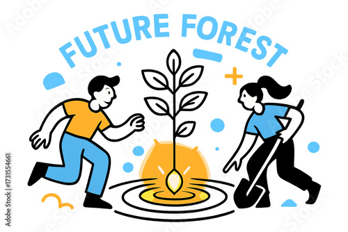 Glowing Seed Growth. Reforestation. Single glowing seed sprouting into a young tree, concentric circles of