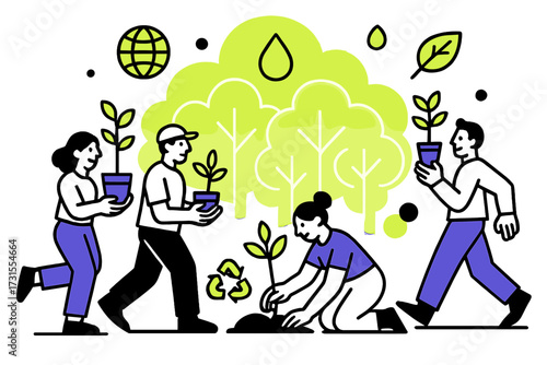 Reforesting with Eco Icons. Reforestation. People working together carrying seedlings, glowing abstract forest