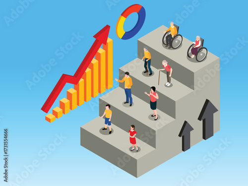 Generational Growth and Life Stages on a Bar Chart 3d isometric vector illustration