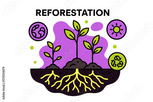 Networked Tree Roots. Reforestation. Tree roots glowing like network lines beneath the ground, connecting