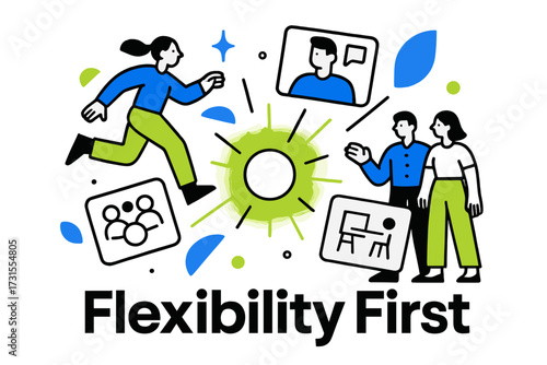 Hybrid Work Benefits. Benefits of hybrid work models. Abstract floating icons of teamwork, video calls, and