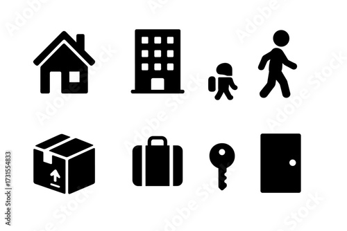 Two Homes Icons. Two Homes. Filled icon set of Two Homes: house, apartment building, child walking, car,