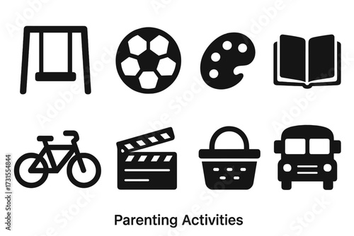 Parenting Icons Set. Parenting Activities. Filled icon set of Parenting Activities: playground swing, soccer