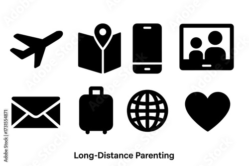 Long-Distance Parenting Icons. Long-Distance Parenting. Filled icon set of Long-Distance Parenting: airplane,