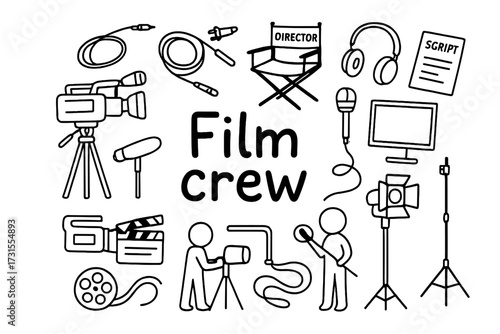 Film Crew Doodle. Film crew. Hand-drawn doodle illustration of Film crew. Camera, tripod, clapperboard,