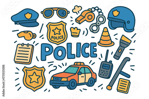 Police Doodle Collage. Police. Hand-drawn doodle illustration of Police. police car, badge, whistle, handcuffs