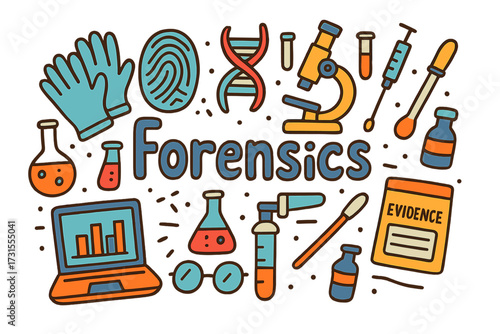 Forensics Doodle Illustration. Forensics. Hand-drawn doodle illustration of Forensics. fingerprint, DNA helix,
