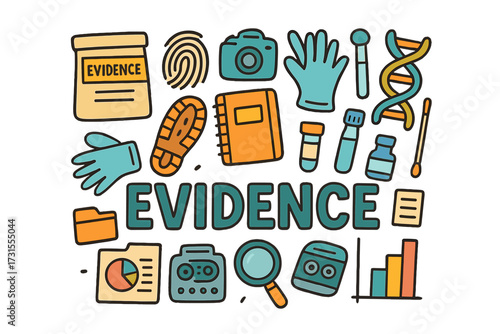 Colorful Evidence Doodles. Evidence. Hand-drawn doodle illustration of Evidence. evidence bag, fingerprint,