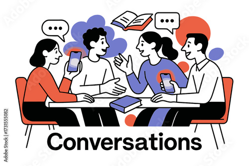 Floating Social Interactions. Social interactions. Abstract table scene where glowing phones, books, and
