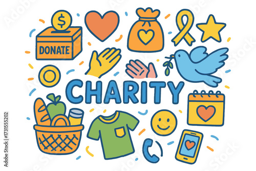 Bright Charity Doodles. Charity. Hand-drawn doodle illustration of Charity. donation box, heart, gift bag,