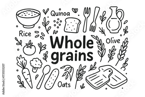 Whole Grains Doodle. Whole grains. Hand-drawn doodle illustration of Whole grains. Bowl, quinoa, rice, oats,