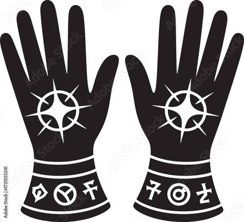Mystical black gloves with celestial symbols and runes