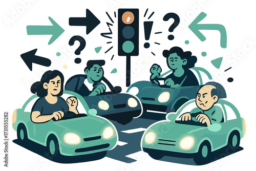 Chaotic Urban Intersection. Overcrowded intersection. Characters in glowing cars waiting impatiently as