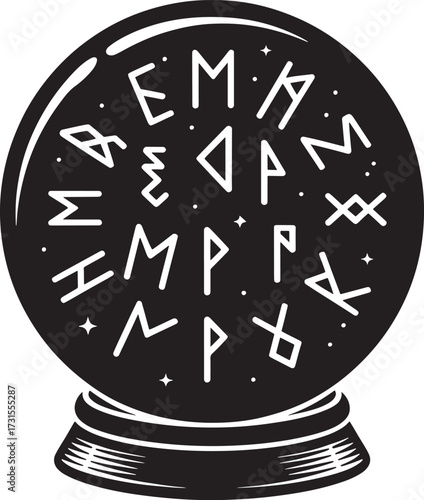 Mysterious crystal ball with ancient runes and symbols